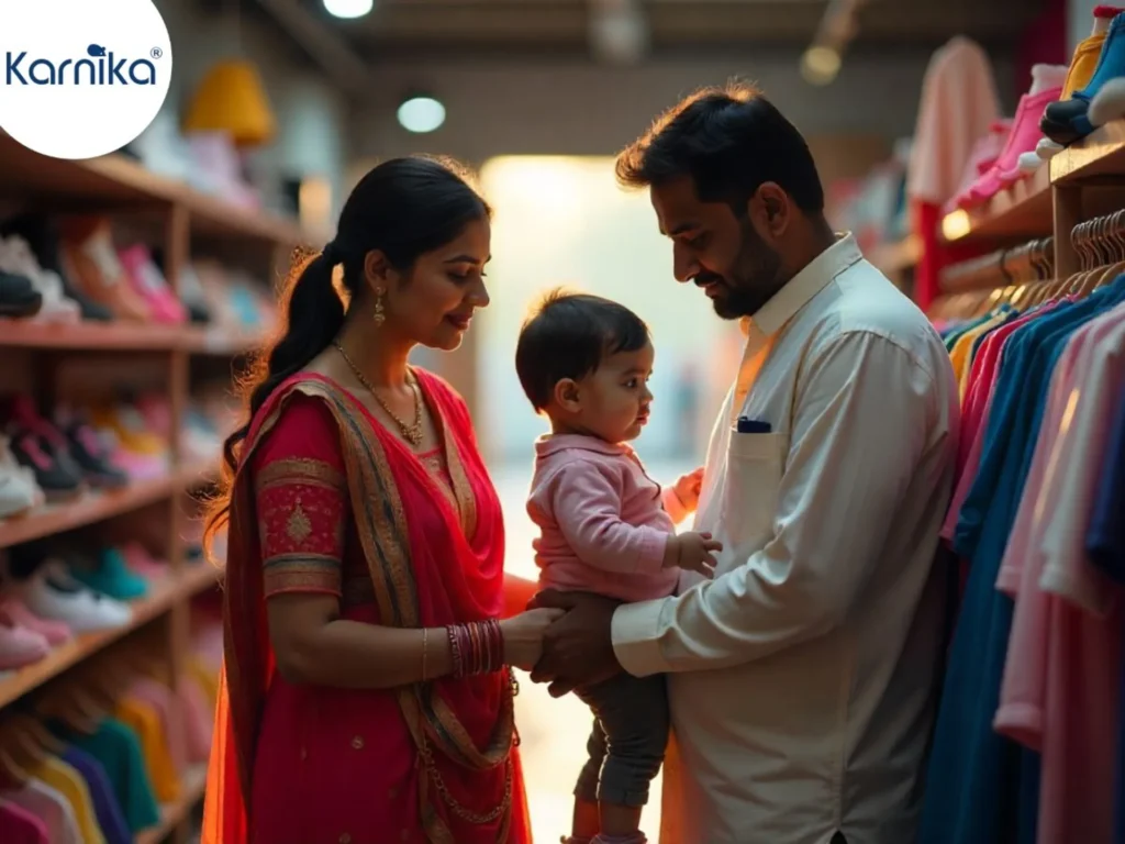 Parents choosing affordable and stylish outfits from wholesale baby clothes collections