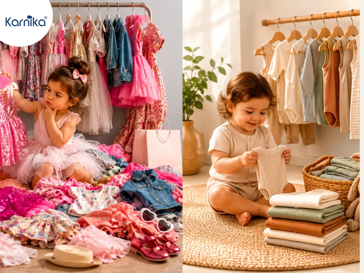 Side-by-side comparison of fast fashion and sustainable kidswear clothing racks in a retail store