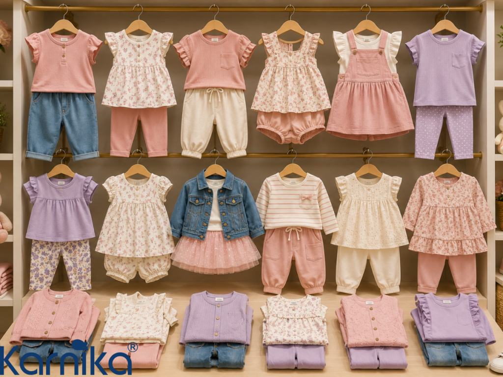 baby girl clothing sets in a store