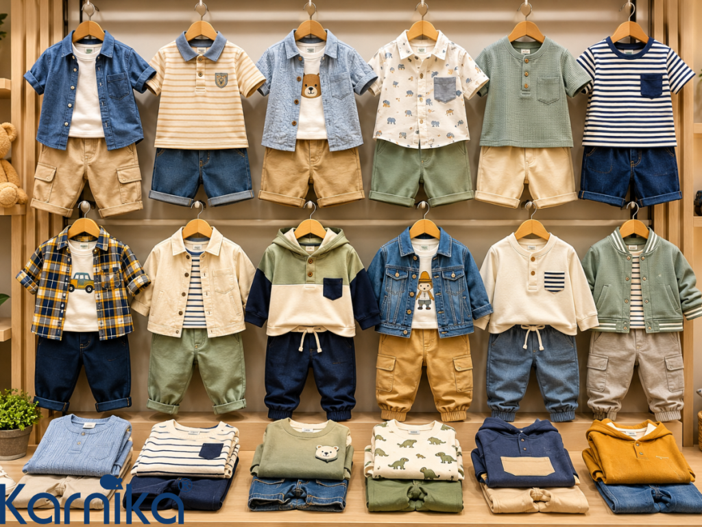 baby boy clothing sets displayed in a retail store
