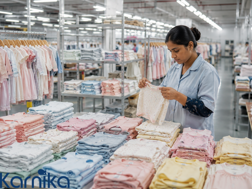 Quality control inspection at a wholesale kids clothing supplier's production facility
