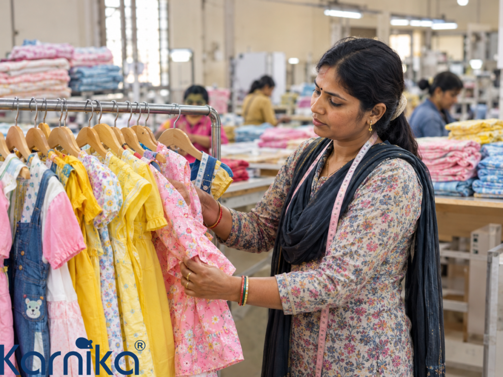 Kidswear manufacturers in Kolkata inspecting finished children's garments for quality