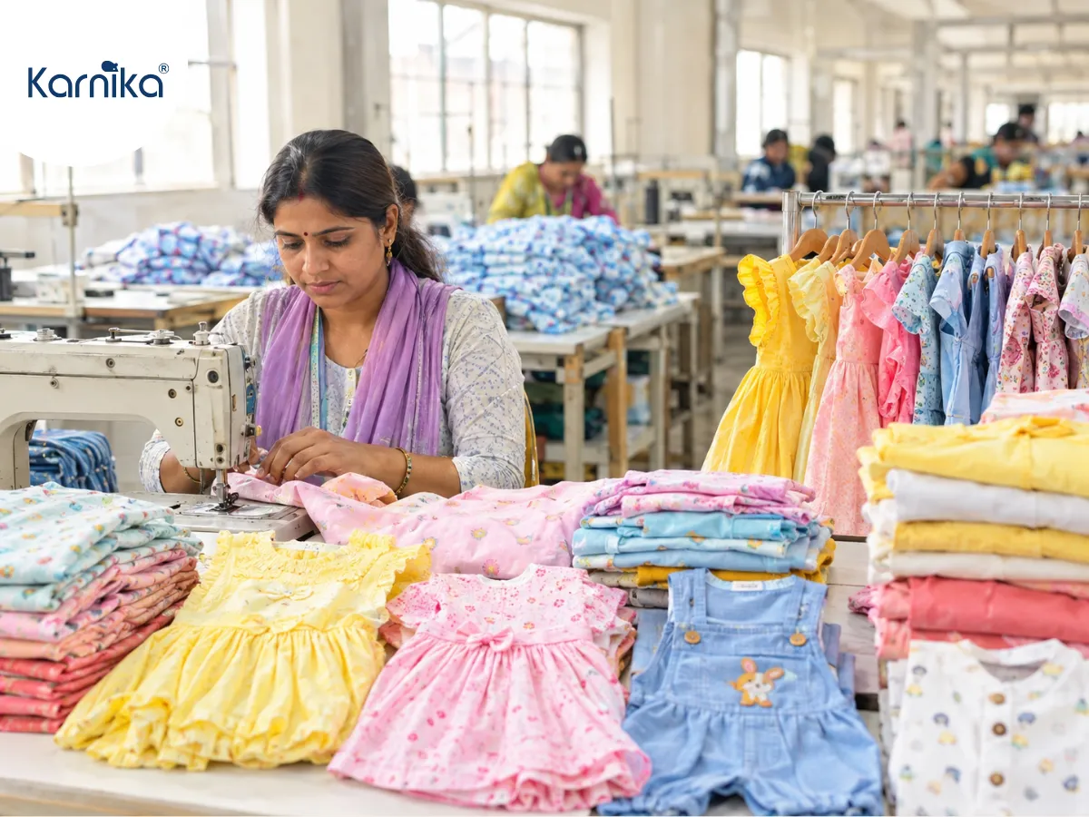 Indian kidswear manufacturing hub showing garment workers