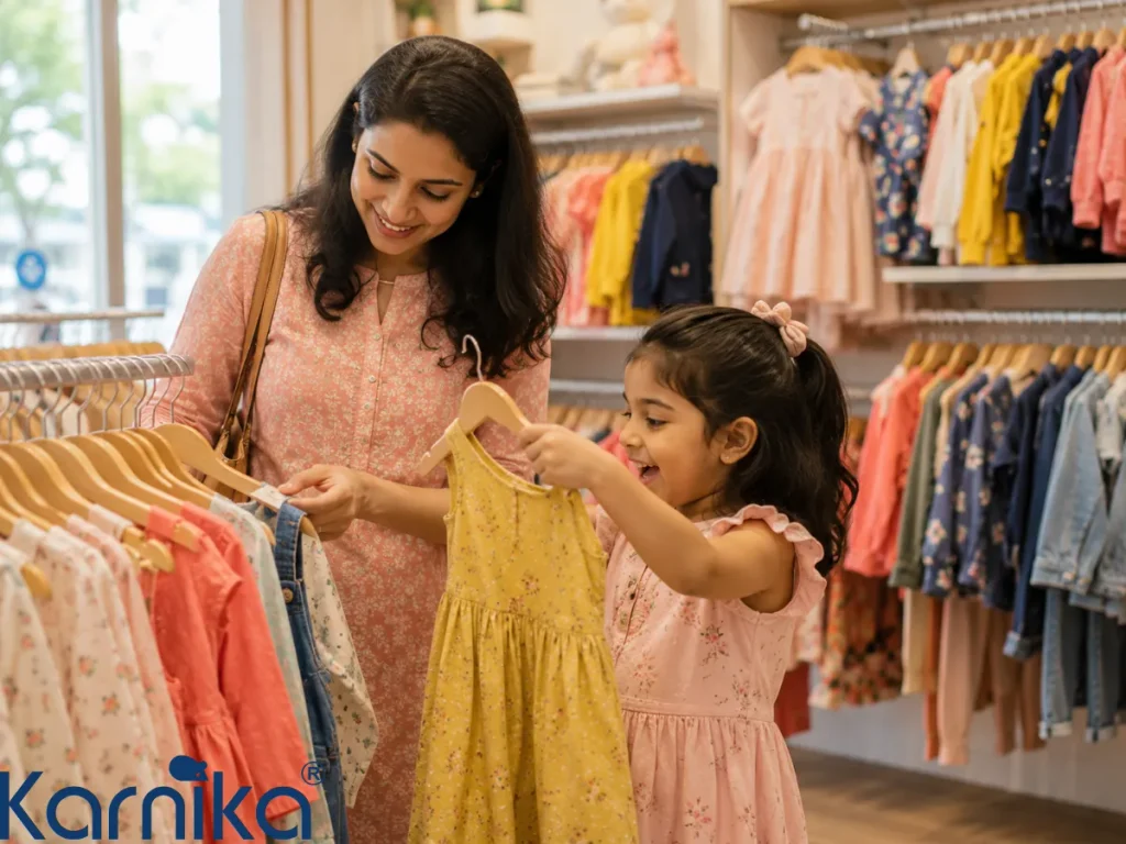 Customers checking Indian kidswear brands at a retail store