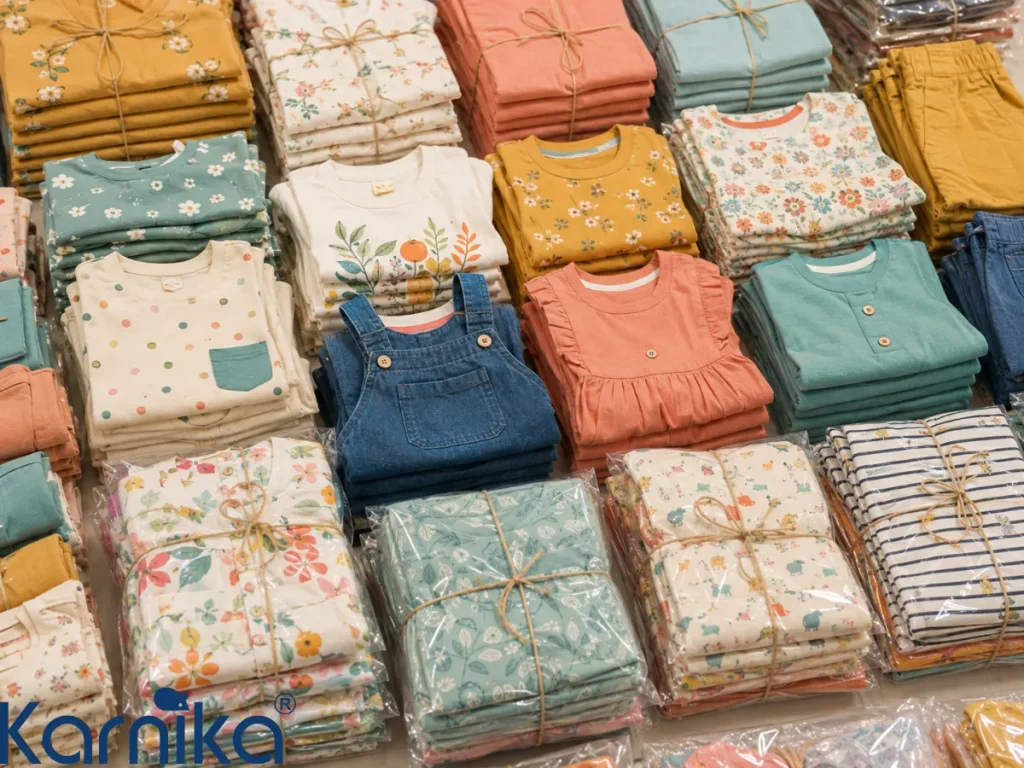 Folded kidswear stock ready for wholesale distribution in the Indian kidswear market