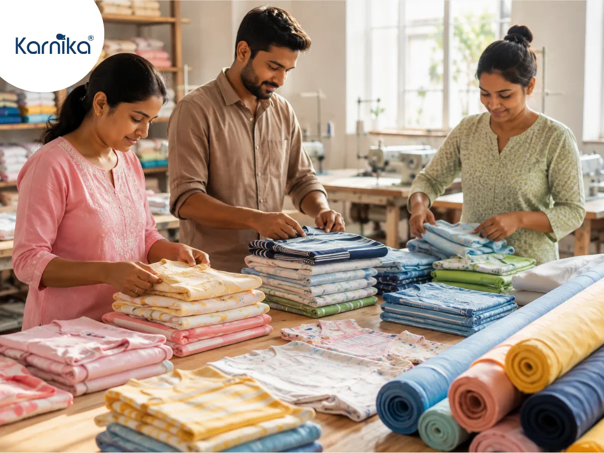 Kids clothing manufacturer folding colourful children's garments for small business orders