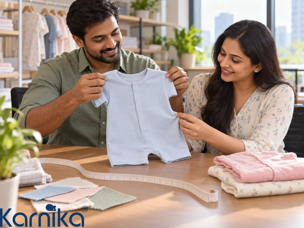 Retail buyer and supplier checking a baby romper sample from wholesale baby clothes suppliers in India