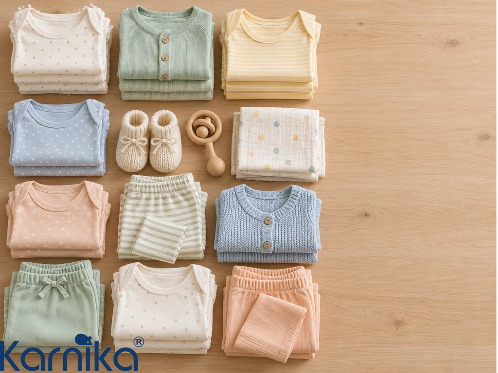 Stacks of folded pastel wholesale baby clothes arranged on a wooden surface