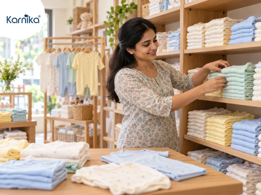 Indian shop owner arranging bulk baby clothes in neat stacks on shelves in a retail store